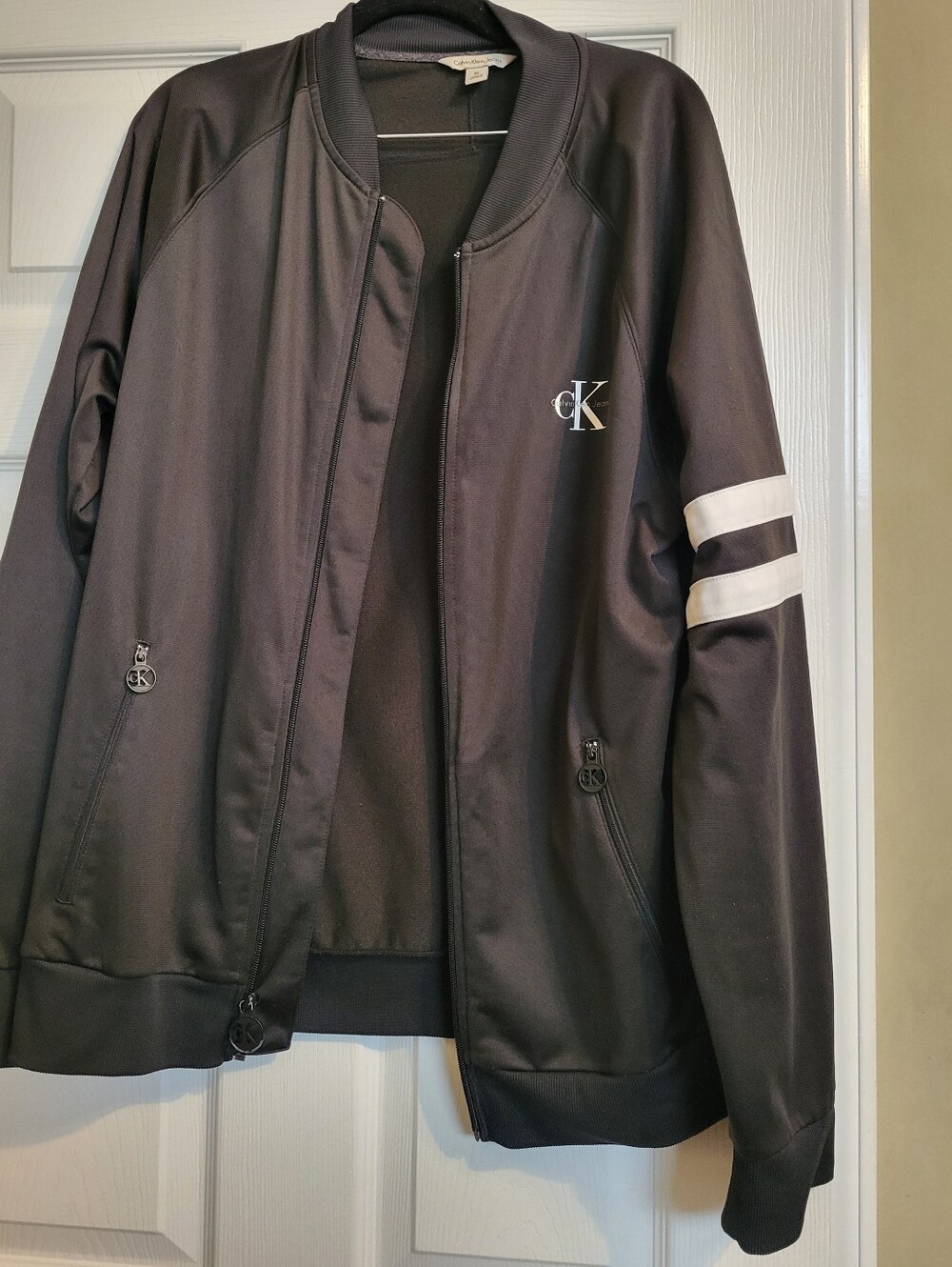 Calvin Klein Black Men  Jacket with White Sleeve Stripes